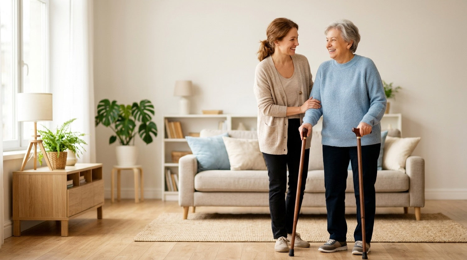 Spokojená seniorka doma s pomůckou a rodinou